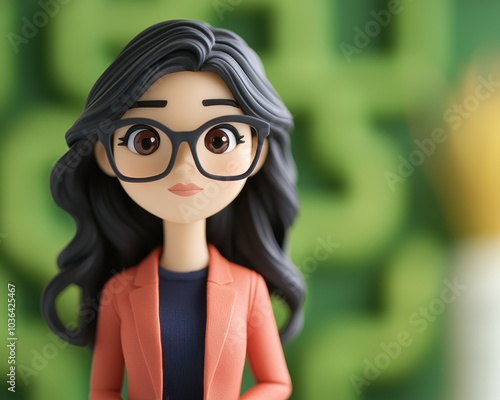 Stylish animated woman with glasses, colorful background, modern design.