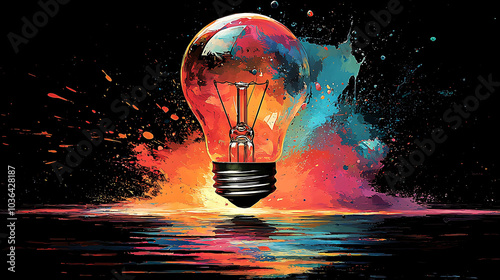 A glowing lightbulb surrounded by colorful paint splatter on a black background.