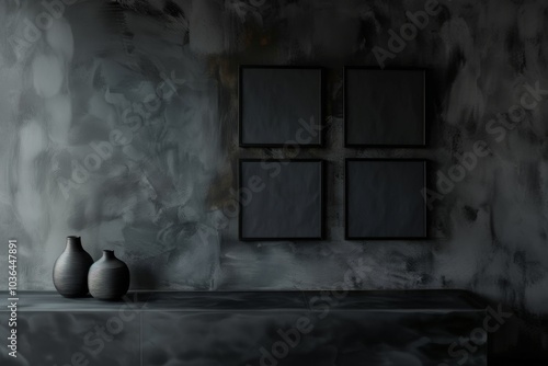 A dark textured wall adorned with four square frames and two decorative vases on a ledge, creating a balanced visual of classic and modern artistic elements.