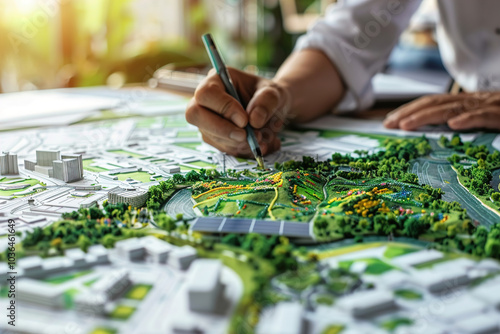 Urban planners sketching eco-friendly city layouts, solar panels, and green roofs, vibrant concept boards displayed