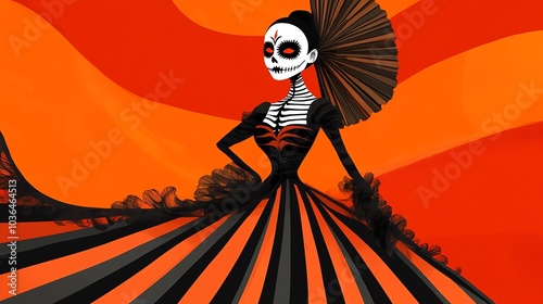 Elegant Calavera Catrina in black dress with orange and black stripes, Day of the Dead illustration