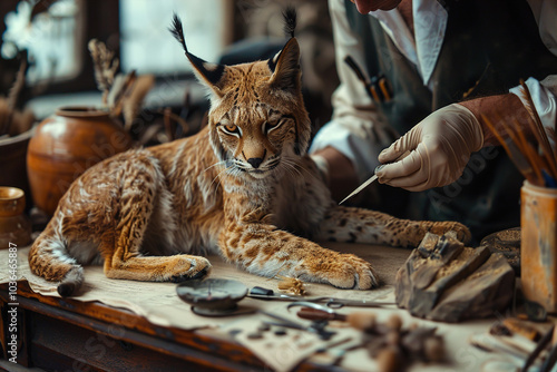 Taxidermist carefully sewing a bird’s feathers, precision tools arranged on the table, focused expression