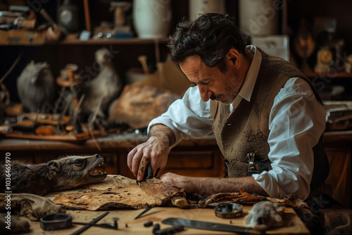 Taxidermist carefully sewing a bird’s feathers, precision tools arranged on the table, focused expression