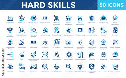 Hard Skills icon set with programming, data analysis, machine learning, web, mobile app, database management, network administration, cybersecurity, cloud computing icon. Simple flat vector 