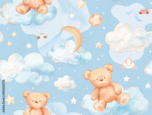 Blue baby background, wallpaper with teddy bears, toy cars , clouds 