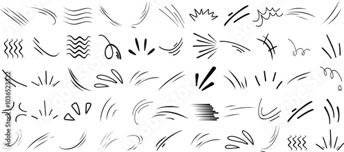 Abstract line movement elements in dynamic vector designs. Featuring curved, wavy, and flowing lines, these black sketch strokes depict energy and motion, ideal for animation, design accents