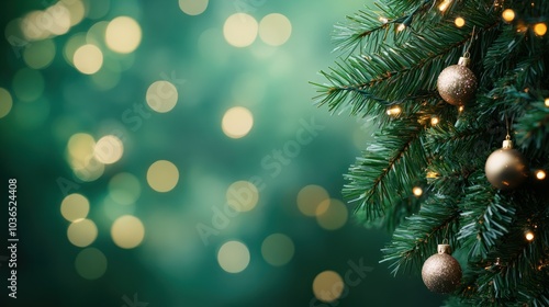 Christmas tree branch with garland in front of green background.