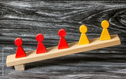 Wooden seesaw tipped with one red figure and three yellow figures, representing power dynamics, inequality, and imbalance in teamwork or leadership