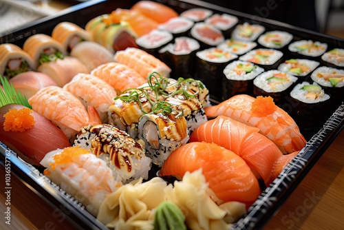 A fresh sushi platter with various pieces including nigiri, sashimi, and rolls