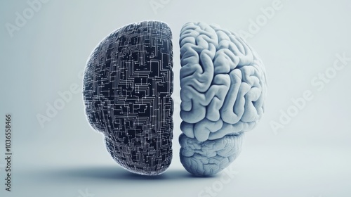 Half digital brain merging with biological brain, illustrating artificial intelligence and human mind