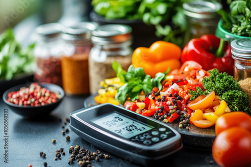 An Organized Countertop Featuring A Digital Food Scale Alongside Various Jars Of Spices And Ingredients, Highlighting A Tidy And Functional Cooking Space