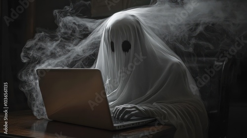 Spooky Halloween Ghost Work on Laptop