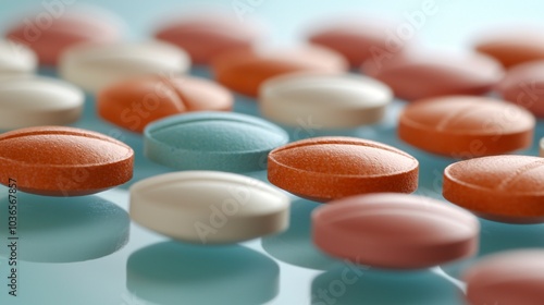 A detailed view of vividly colored anticoagulant tablets meticulously displayed on a sterile lab surface, showcasing their distinct shapes.