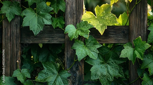 Lush green leaves gracefully entwine a wooden trellis, highlighting their vibrant hue and intricate texture in a garden scene.