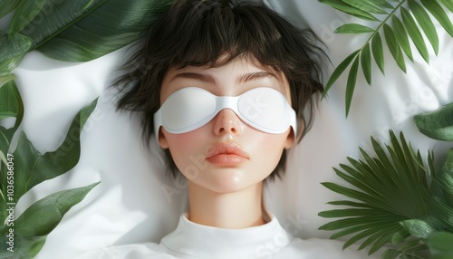 A relaxing moment of self-care as a woman naps with a cozy eye mask in a serene bedroom.