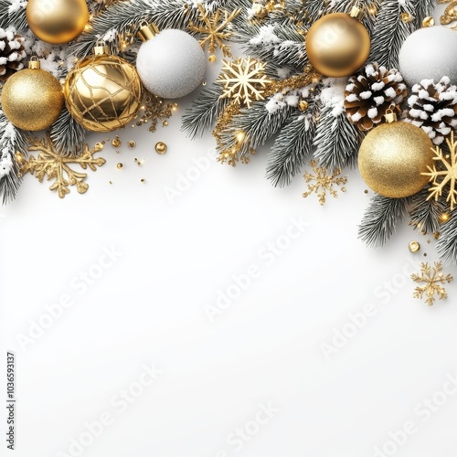 Merry Christmas and Happy New Year Holiday white banner illustration. Xmas design with realistic 3d objects, christmas tree, golden christmass ball, snowflake, glitter gold