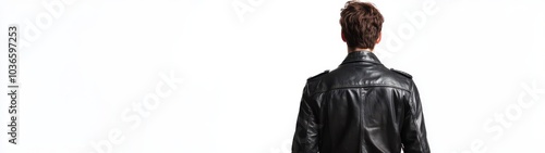 Young man in leather jacket walking confidently, urban setting, casual style, back view, embodying freedom and individuality.