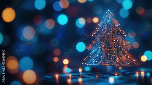 Festive digital Christmas tree with brilliant circuits