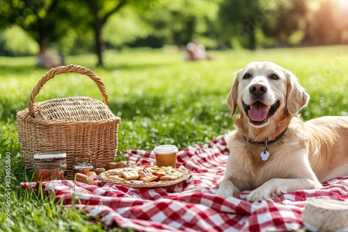 Dog waiting patiently for a treat on a picnic blanket, outdoor park setting, lively and cheerful mood.