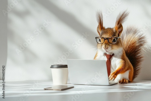 A humorous scene of a squirrel wearing glasses and a tie, working on a laptop with a coffee cup beside it. This image is ideal for business, productivity, or humorous office-related themes.