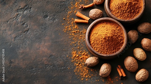 Two wooden bowls filled with ground cinnamon and nutmeg on a brown surface with copy space.