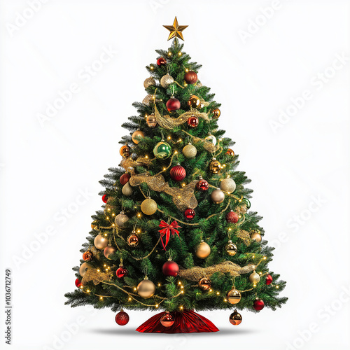 Christmas tree decorated with ornaments and festive lights isolated on white