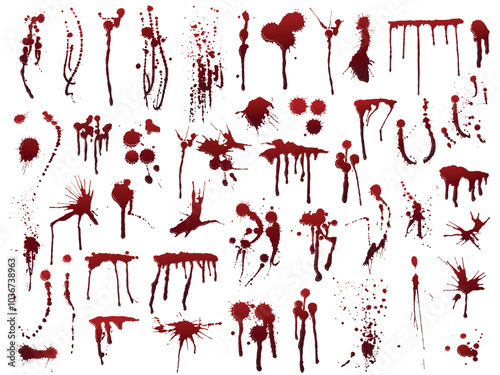 Realistic horror blood splatter. Drip patterns, red ink blot textures, grunge stains and drops for horror, crime scene, and halloween design. Spooky vector set.