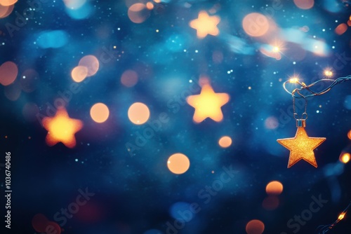 Bright, sparkling lights shimmer against a deep blue sky, evoking a joyful holiday spirit with abstract star shapes. Generative AI