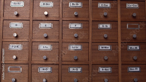 Wooden drawers separated in alphabetical order in an antique archivator