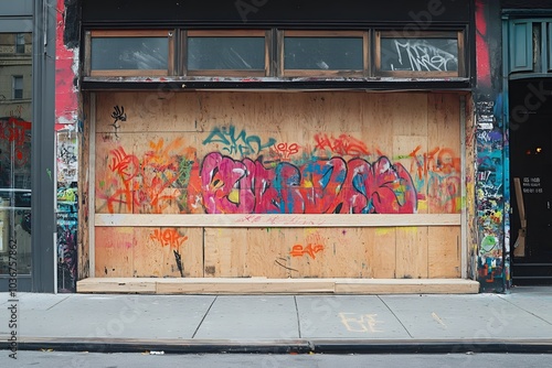 A boarded-up storefront with colorful graffiti art