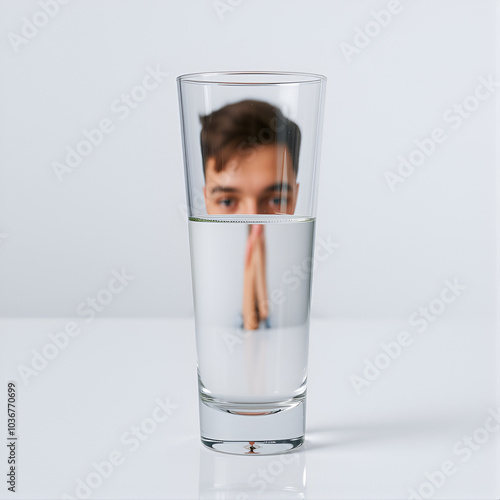 Half-empty water glass looking in the mirror and seeing himself as a full glass - Concept of optimism