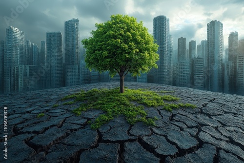 A solitary tree thrives on cracked earth amid towering skyscrapers in a climate-altered urban landscape