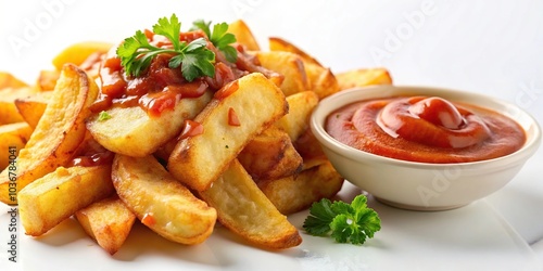 Extreme close-up shot of crispy fried potato served with tomato sauce on white background