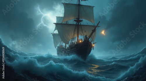 An adventurous pirate ship sailing through stormy seas with tattered sails, lightning flashing in the darkened sky.