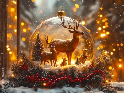 A glass ball with a deer and two small deer in it