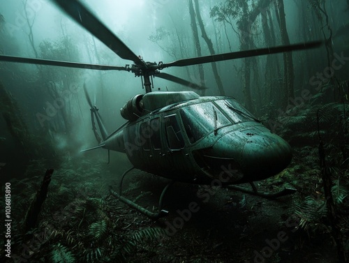 A helicopter crash in a dense forest, with smoke billowing from the wreckage as the rotor blades lie broken among the trees, casting a haunting atmosphere