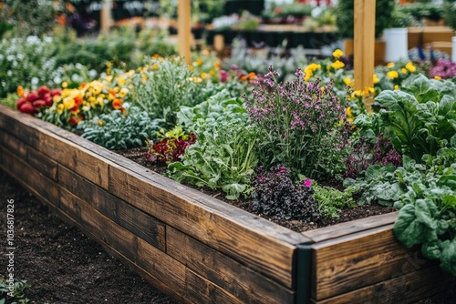 Wooden raised garden bed growing flowers and vegetables in community garden