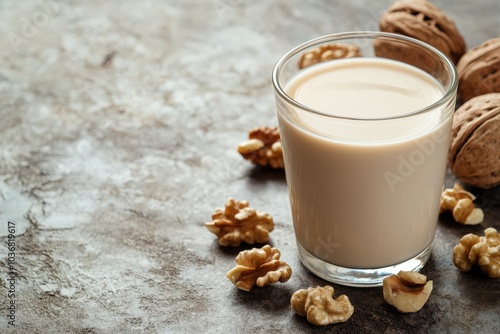 Walnut Milk. Fresh, Nutritious Vegan Drink with Organic Walnuts on Stone Background