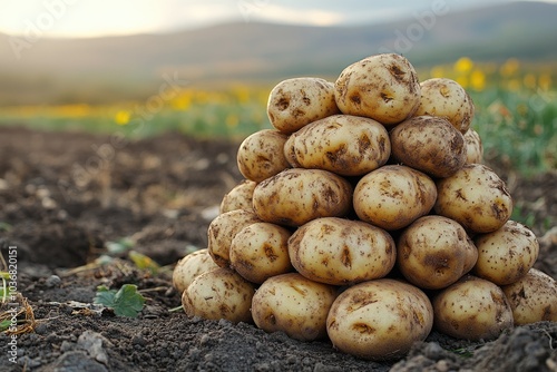 Pile of freshly dug potatoes lying on the ground in a field