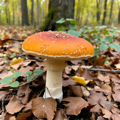 Leccinum versipelle mushroom in autumn forest. Orange birch bolete. Edible healthy meal.