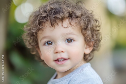 A young boy with curly brown hair and bright blue eyes, smiling at the camera