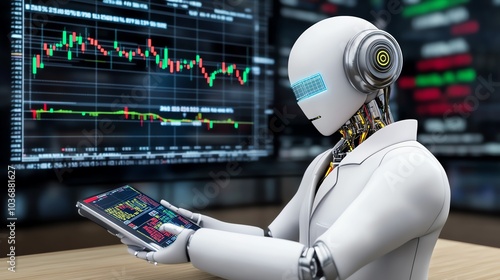 A futuristic robot trader short-circuiting as the stock graphs on its screen malfunction and crash, 3D illustration