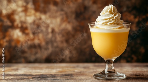 Glass of golden Advocaat cocktail topped with swirled whipped cream, served on a rustic wooden surface against a blurred background