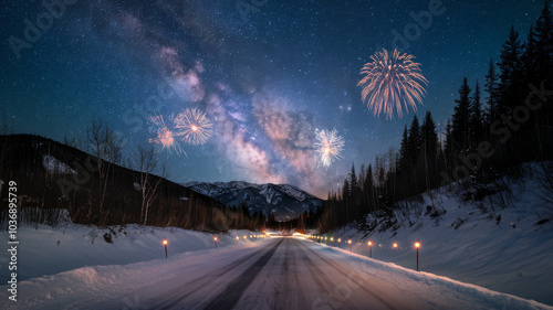 starry sky in winter snowy night. fantastic milky way in the New Year's Eve. Winter road in the mountains. fireworks and holiday lights on the background. Photo greeting card 