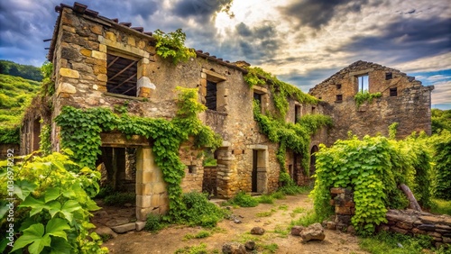 Abandoned winery with overgrown vines and crumbling stone walls, vineyards, wineries