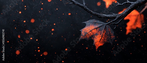  A leaf dangles from a tree branch in the darkness, as orange-black raindrops fall upon it