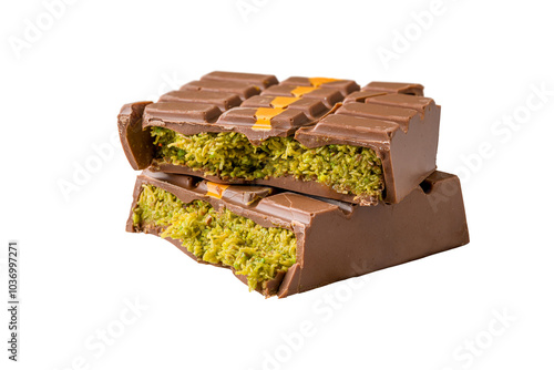 Dubai Chocolate bar with green kadayif and peanut butter on white background