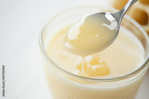 Milky white royal jelly in a glass vessel