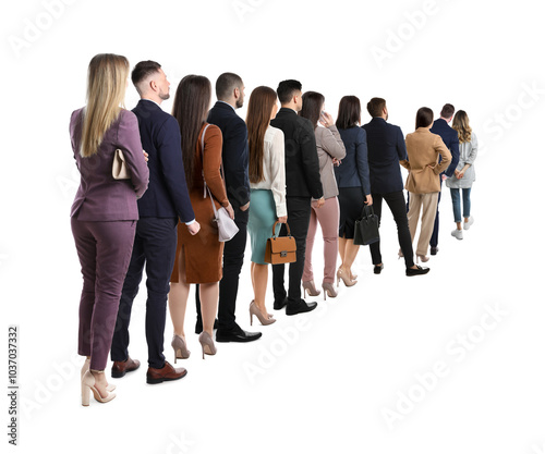 Queue of many people on white background