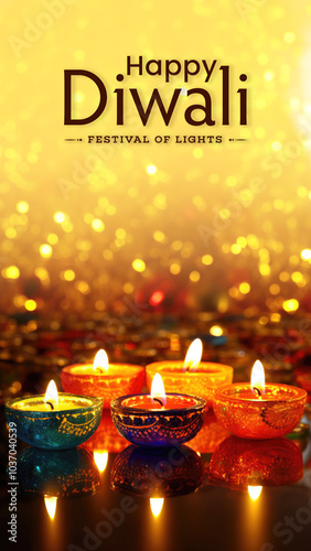 Happy Diwali Celebration Vertical Banner with Illuminated Colorful Oil Lamps (Diya) on Golden Bokeh Background.